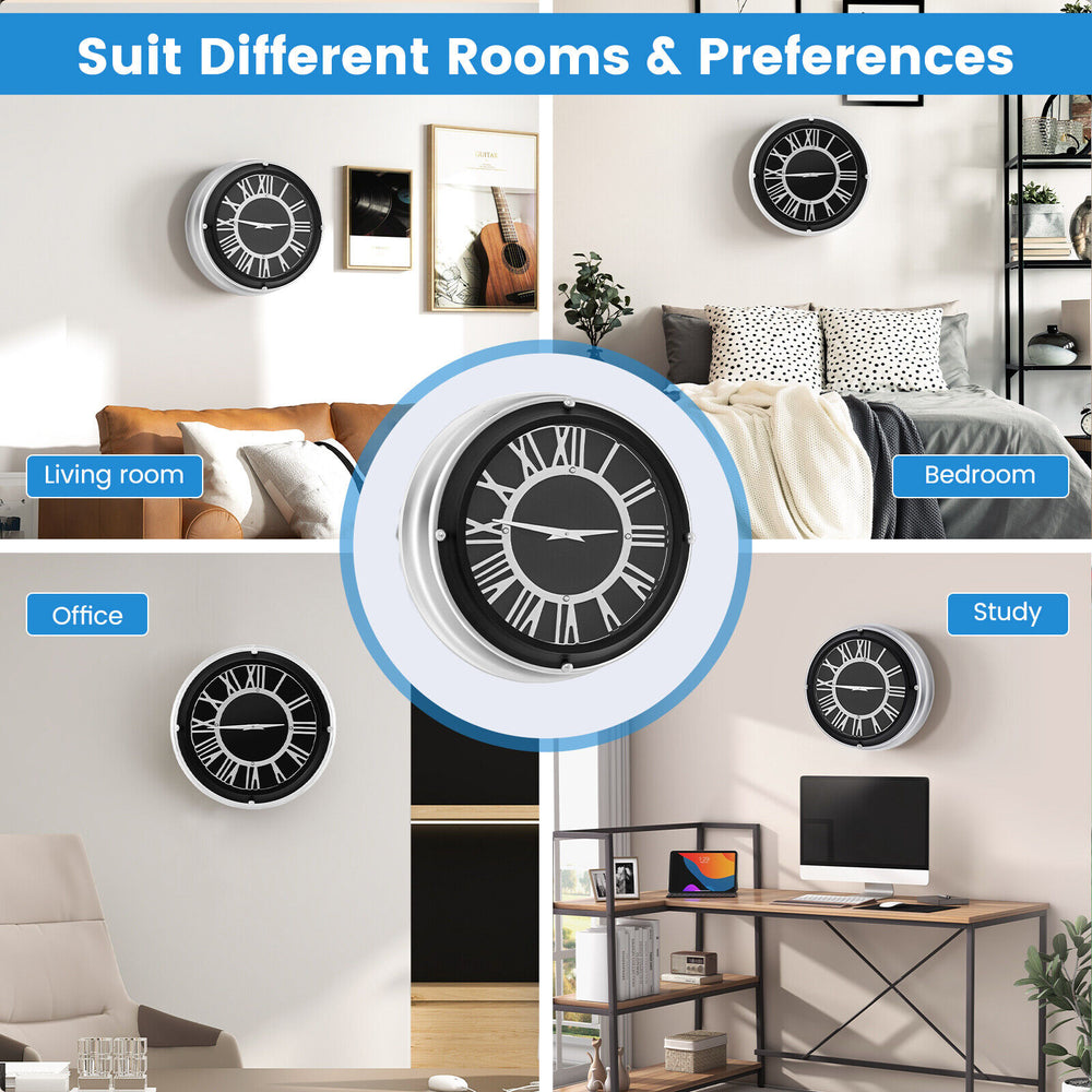 Silent wall clock with silver frame, 13.5/17.5 inches, perfect for living room or office decor, ensuring accurate.