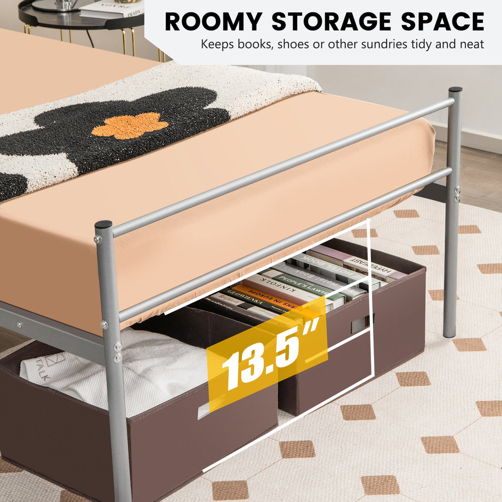 Twin size metal bed frame in silver with under-bed storage space for organizing books and shoes.