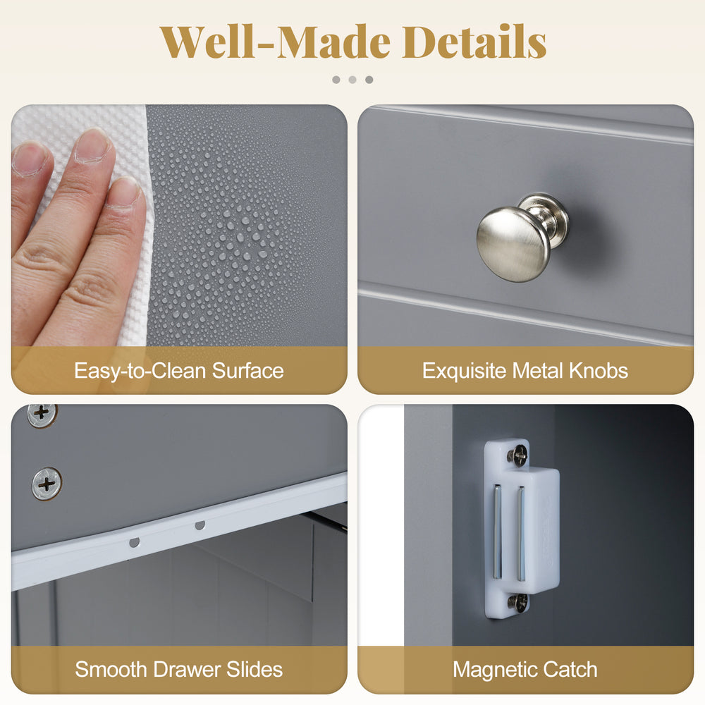 Close-up of the Single Door Bathroom Cabinet in gray, showcasing easy-to-clean surface and smooth drawer slides.