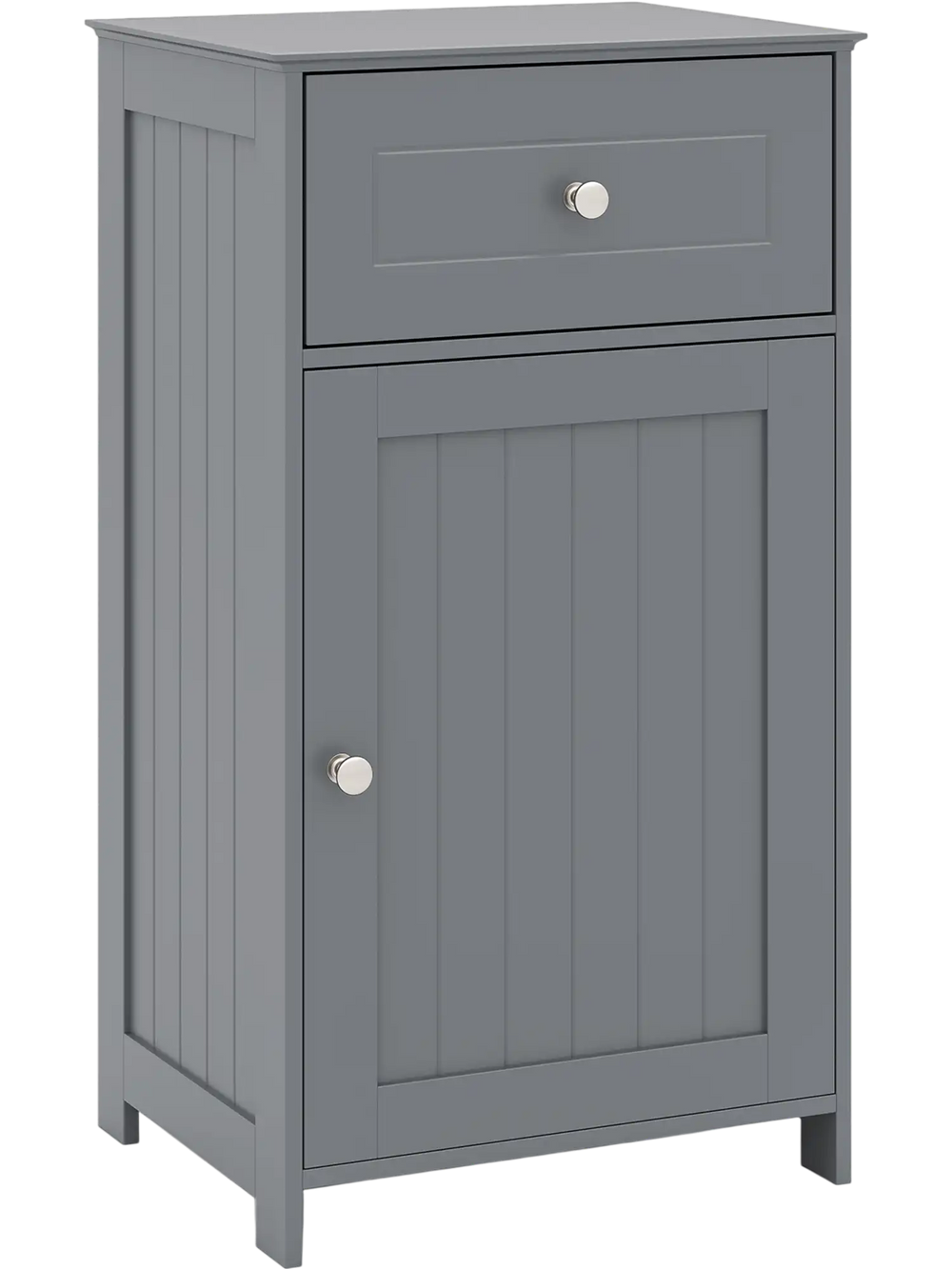 Single door gray bathroom cabinet with adjustable shelf and drawer, featuring a sturdy metal handle for easy access.
