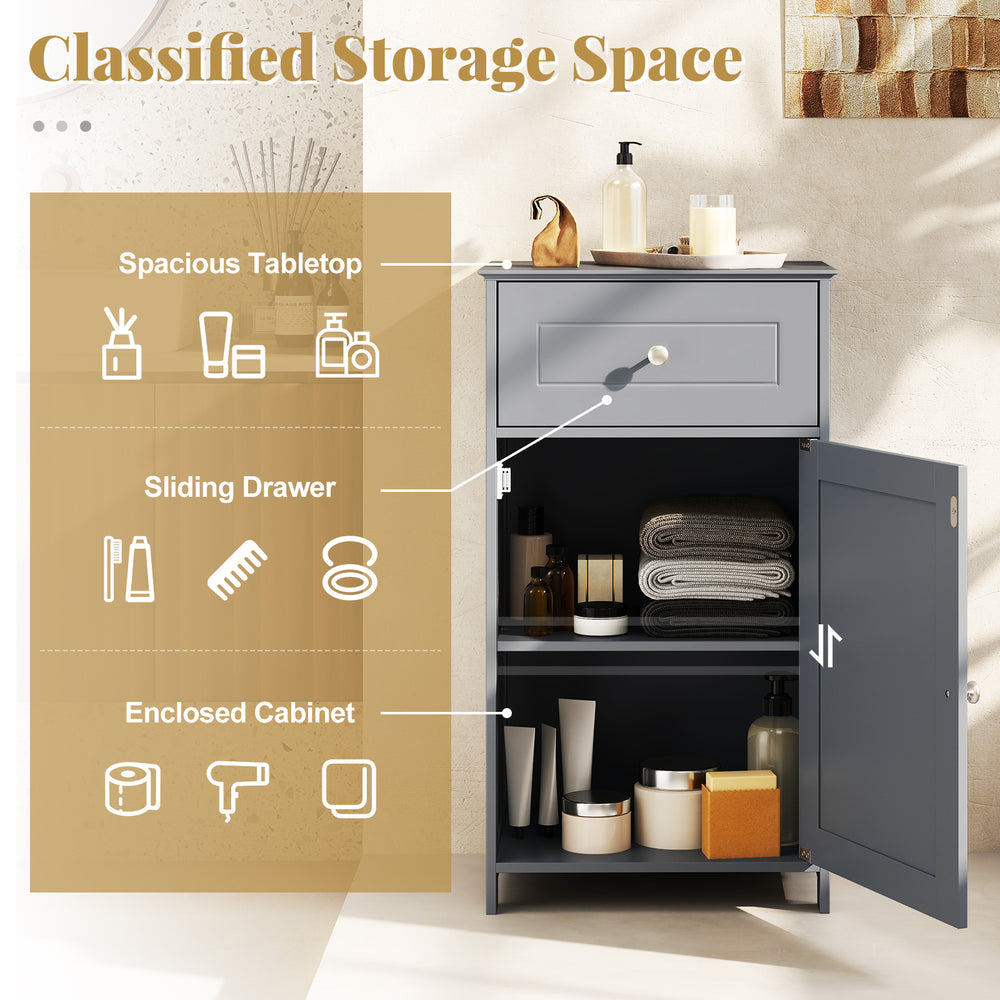 Single door bathroom cabinet in gray with adjustable shelf, sliding drawer, and enclosed storage for versatile.