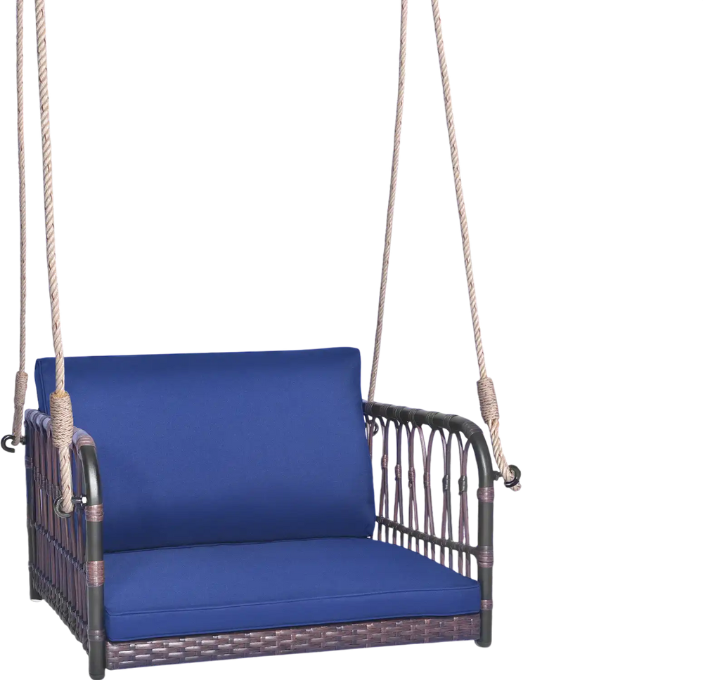 Single person hanging seat with navy cushions, featuring a durable PE rattan frame, perfect for backyard relaxation.