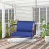 Single person hanging seat with navy cushions, featuring durable PE rattan and a sturdy metal frame for backyard.