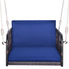 Single person hanging seat with navy cushions, featuring a durable PE rattan frame for backyard relaxation.