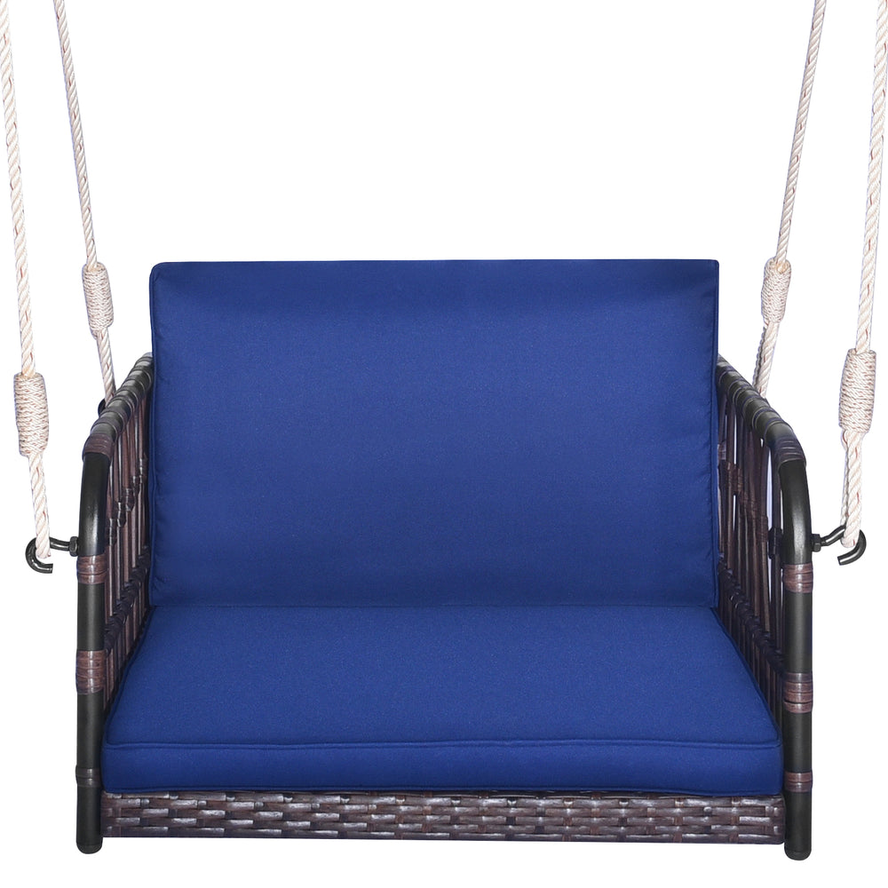 Single person hanging seat with navy cushions, featuring a durable PE rattan frame for backyard relaxation.