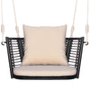 Single person hanging seat showcasing a close-up of the woven rattan backrest and plush cushions, ideal for outdoor.