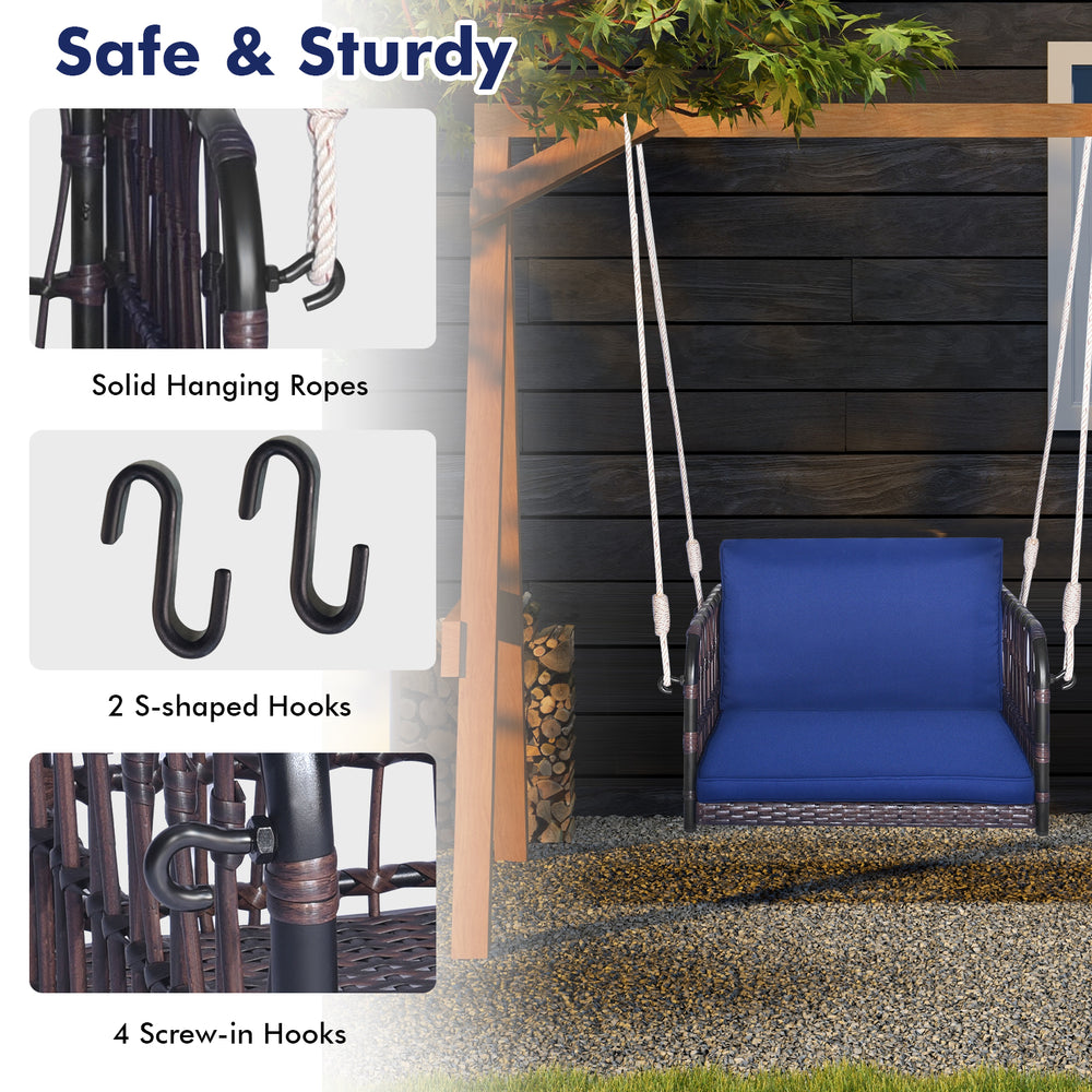 Single person hanging seat with navy cushions, featuring sturdy hooks and ropes for safe outdoor relaxation.