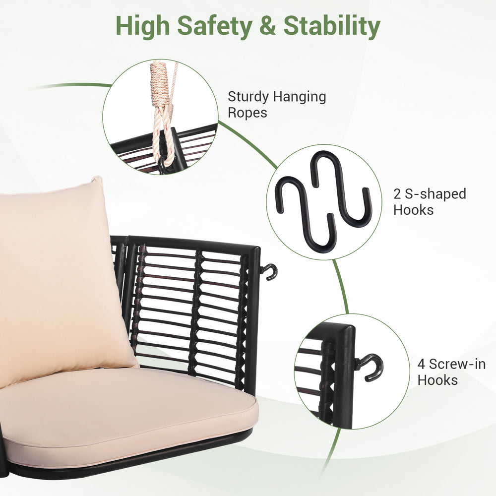 Single person hanging seat with woven rattan backrest, featuring sturdy hanging ropes and hooks for backyard relaxation.