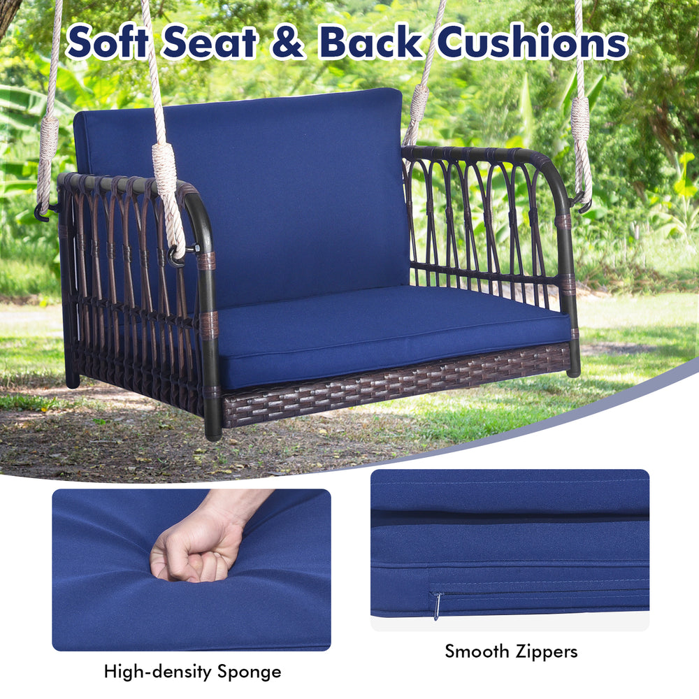 Navy seat and back cushions of single person hanging seat with smooth zippers, ideal for comfortable outdoor relaxation.