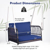 Single person hanging seat with navy cushions, featuring a durable PE rattan frame and dimensions for backyard.