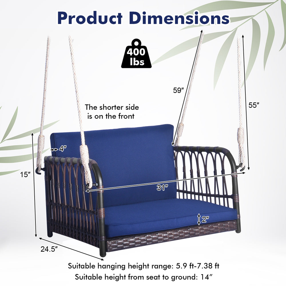 Single person hanging seat with navy cushions, featuring a durable PE rattan frame and dimensions for backyard.