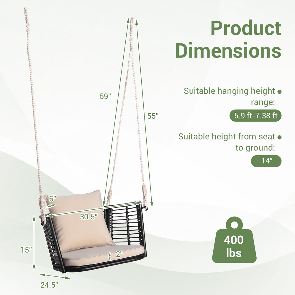Single person hanging seat with woven rattan backrest, 400 lbs capacity, ideal for backyard relaxation.