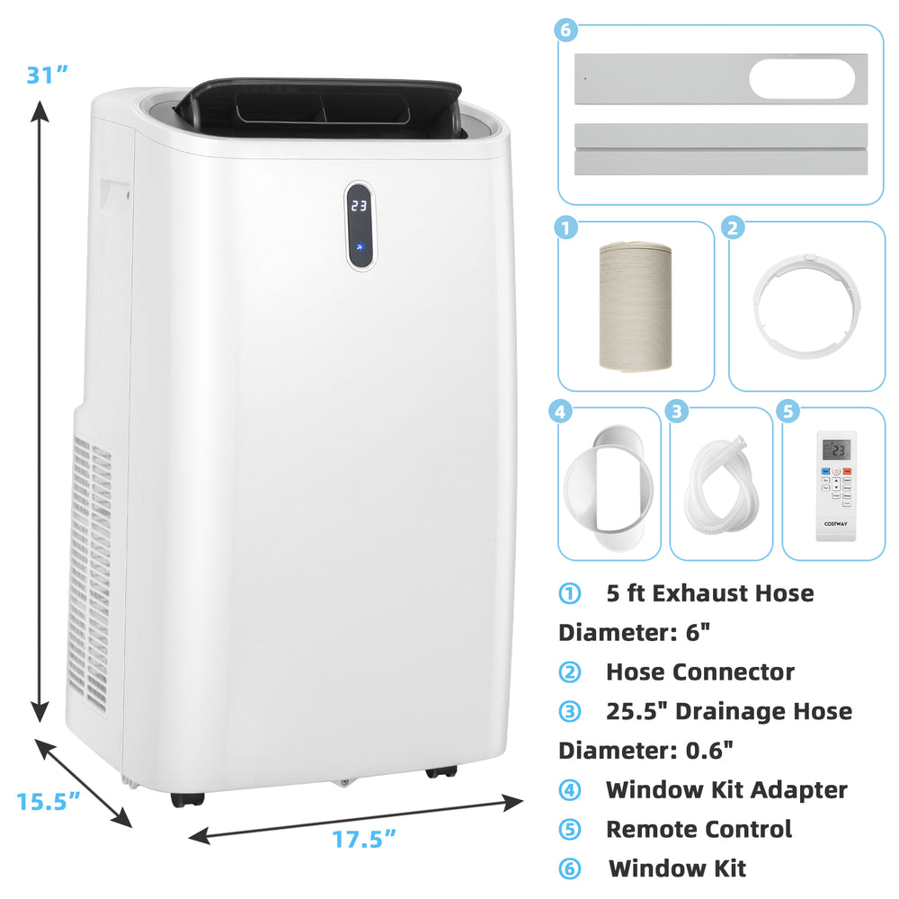 14000 BTU portable air conditioner in white with top-mounted controls and included window kit for easy setup.