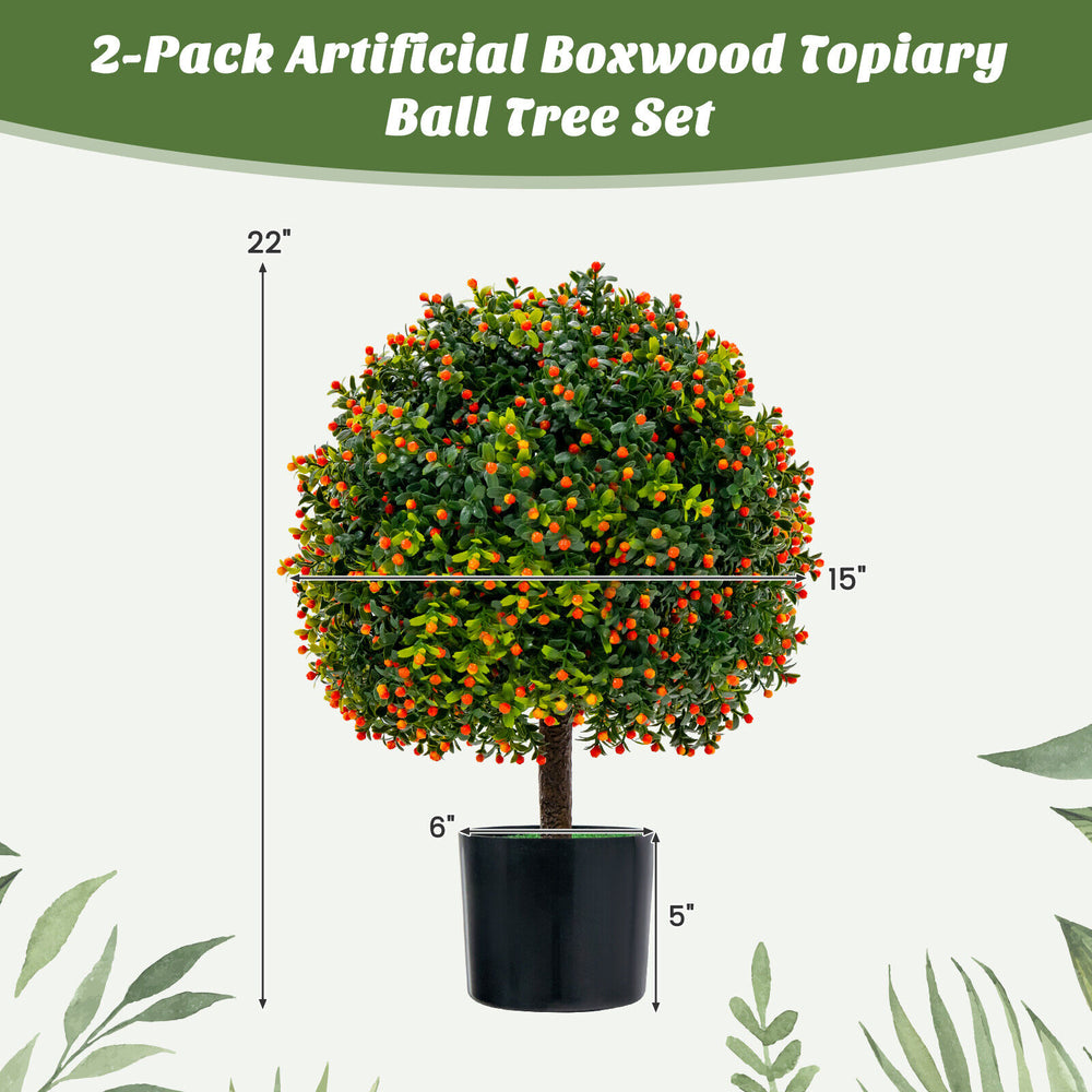 Artificial boxwood topiary ball tree set with orange fruit, 22" tall, perfect for home decoration without maintenance.