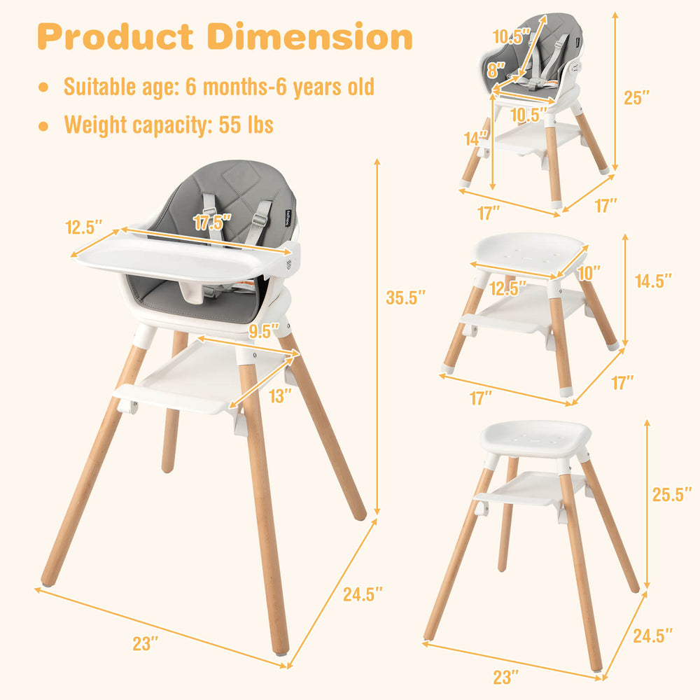6-in-1 baby high chair with removable tray, adjustable footrest, and durable beech wood legs for safety and stability.