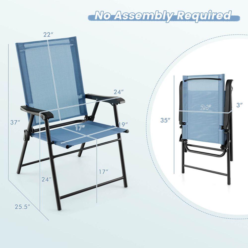 Folding blue patio dining chair with armrests, metal frame, and 17" seat height for outdoor comfort and convenience.
