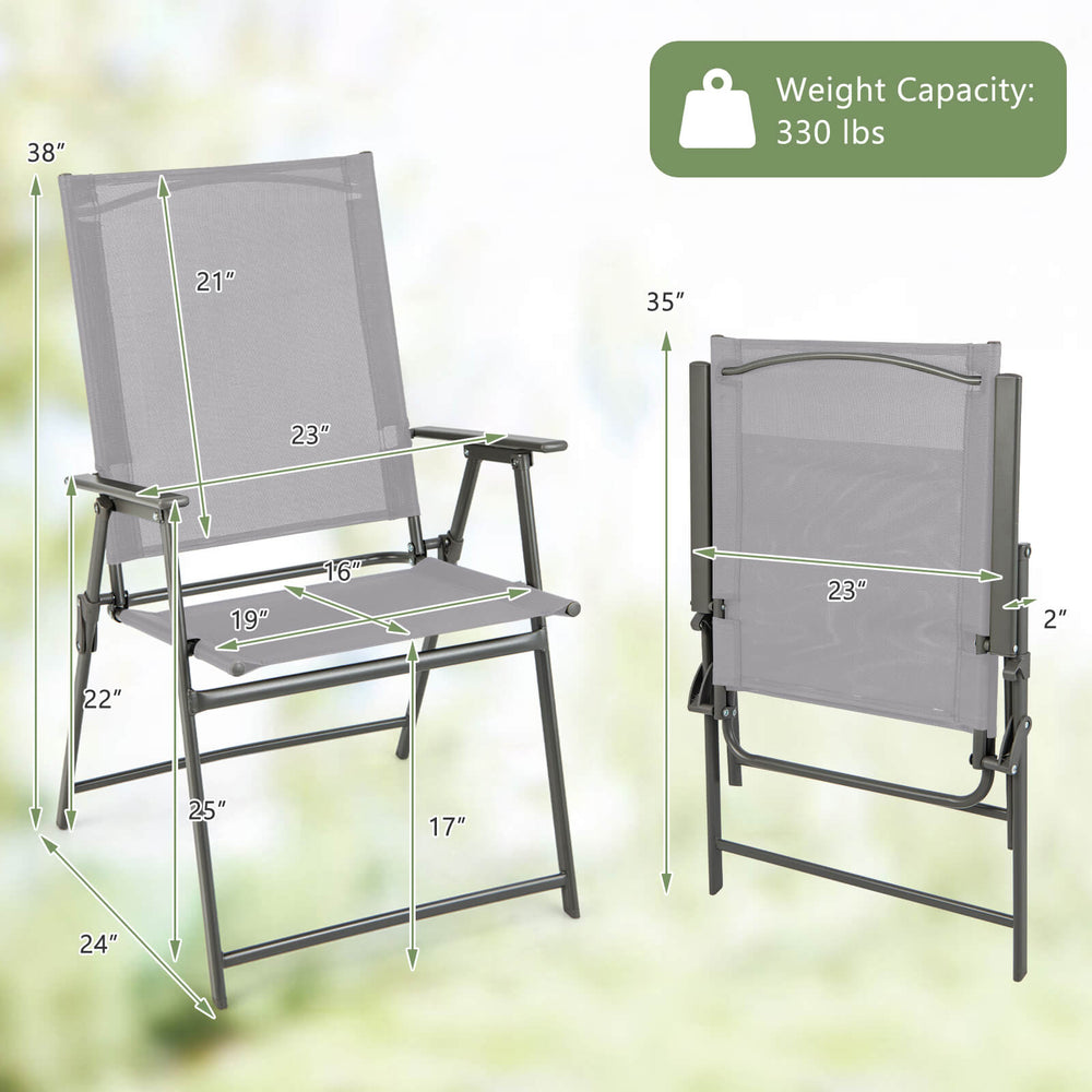 Gray patio folding chair with rustproof metal frame, featuring a 330 lbs capacity and a space-saving design for easy.