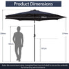 10 feet navy patio umbrella with 112 solar lights, crank handle, and adjustable tilt for outdoor use.
