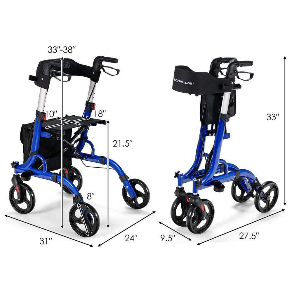Folding aluminum rollator walker in blue with 8-inch wheels, adjustable height, and seat for comfortable mobility.