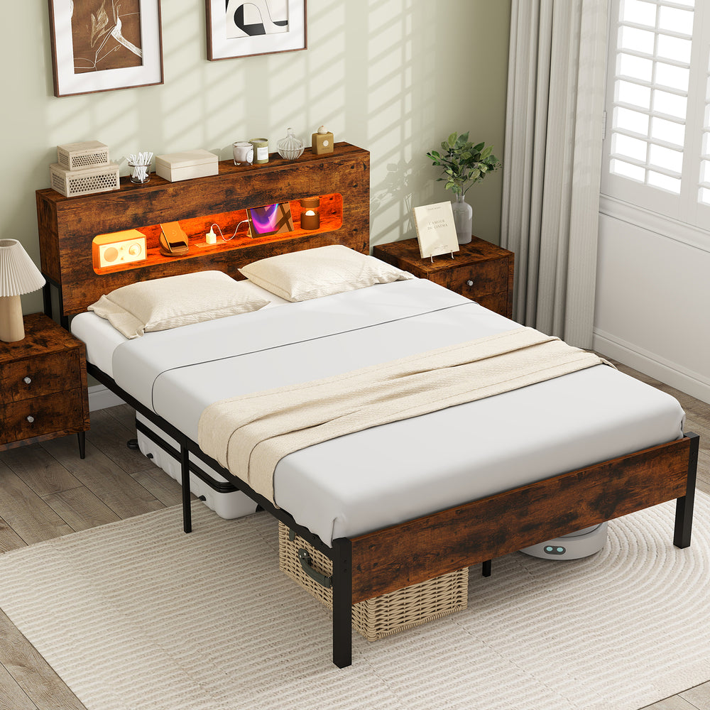 Slatted full bed frame with LED lights, storage headboard, and under-bed space for clutter-free organization.