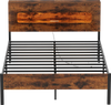 Slatted full bed frame with LED lights and storage headboard, featuring a rustic wood finish and metal slats.