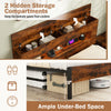 Slatted full bed frame with LED lights, featuring hidden storage compartments and ample under-bed space for storage.