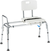 Sliding tub transfer bench featuring a sturdy aluminum frame, drainage hole for hygiene, and adjustable height for comfort.