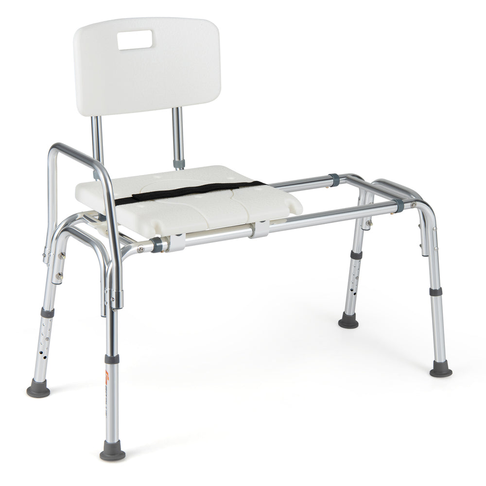 Sliding tub transfer bench with adjustable height, detachable armrests, and safety belt for secure bathing support.
