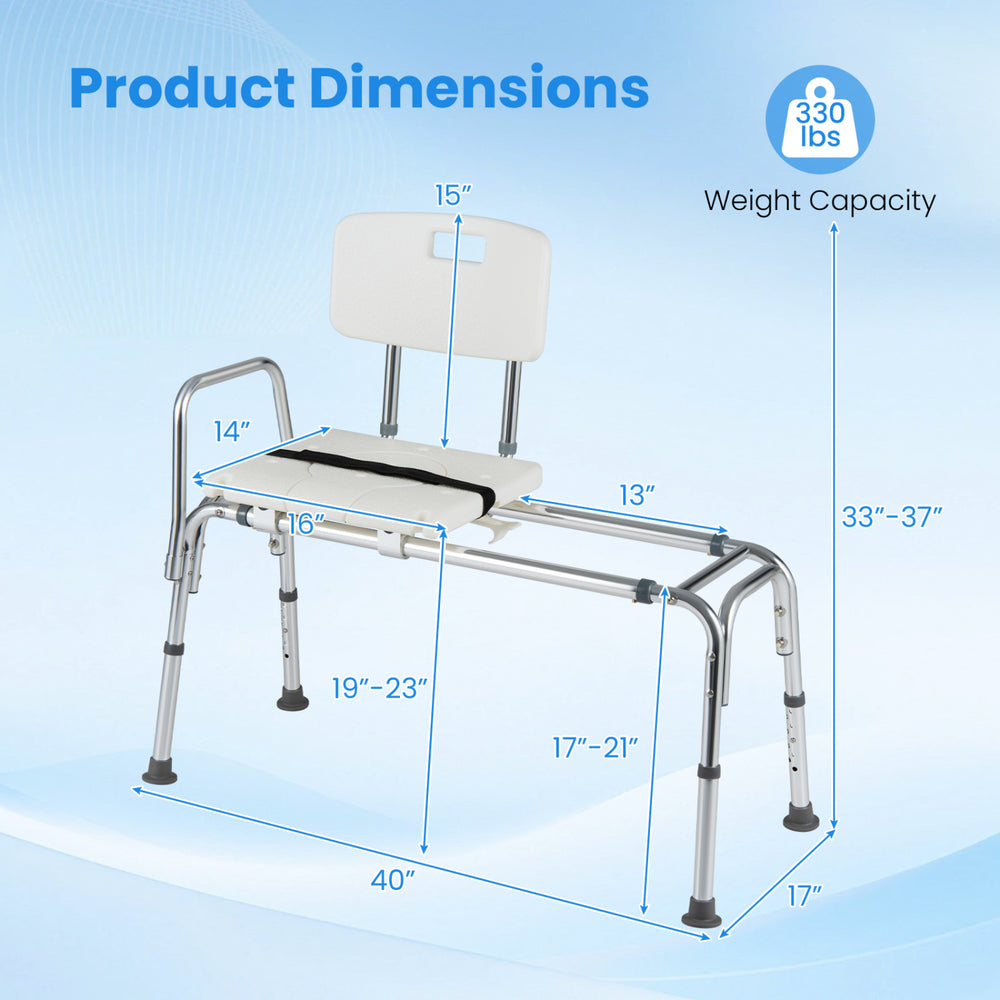 Sliding tub transfer bench with adjustable height, detachable armrests, and safety features for secure bathing assistance.