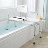 Sliding tub transfer bench with adjustable height, detachable armrests, and safety belt for secure bathing assistance.