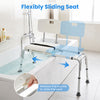 Sliding tub transfer bench with adjustable height, detachable armrests, and anti-slip foot pads for safe bathing assistance.
