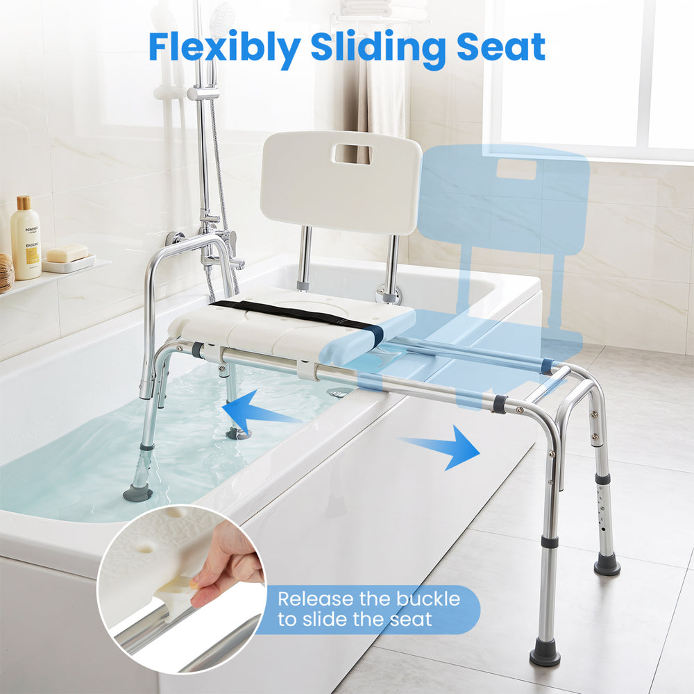 Sliding tub transfer bench with adjustable height, detachable armrests, and anti-slip foot pads for safe bathing assistance.