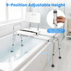 Sliding tub transfer bench with adjustable height, detachable armrests, and anti-slip foot pads for safe bathing.