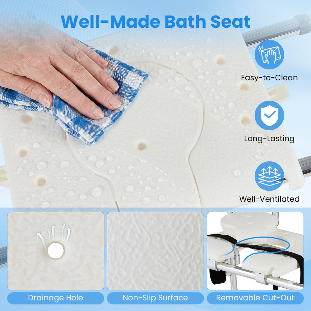 Sliding tub transfer bench with non-slip surface, drainage hole, and removable cut-out for safe bathing assistance.