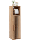 Freestanding slim bathroom cabinet in natural wood with toilet paper holder, adjustable shelves, and slat design for.