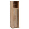 Slim freestanding bathroom cabinet in natural finish with slat design, door, and adjustable shelf for toilet paper.