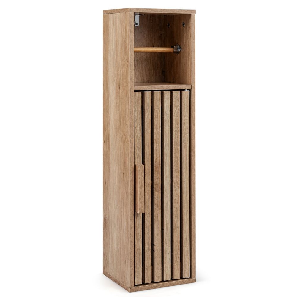 Slim freestanding bathroom cabinet in natural finish with slat design, door, and adjustable shelf for toilet paper.
