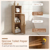 Slim freestanding toilet paper cabinet in natural wood with open cubby and 2-tier enclosed storage for bathroom.