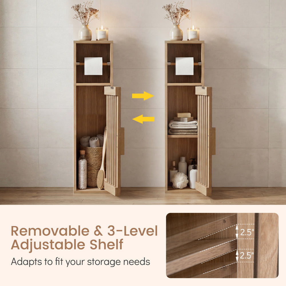 Slim freestanding bathroom cabinet with removable 3-level adjustable shelf and slat design for optimal airflow.