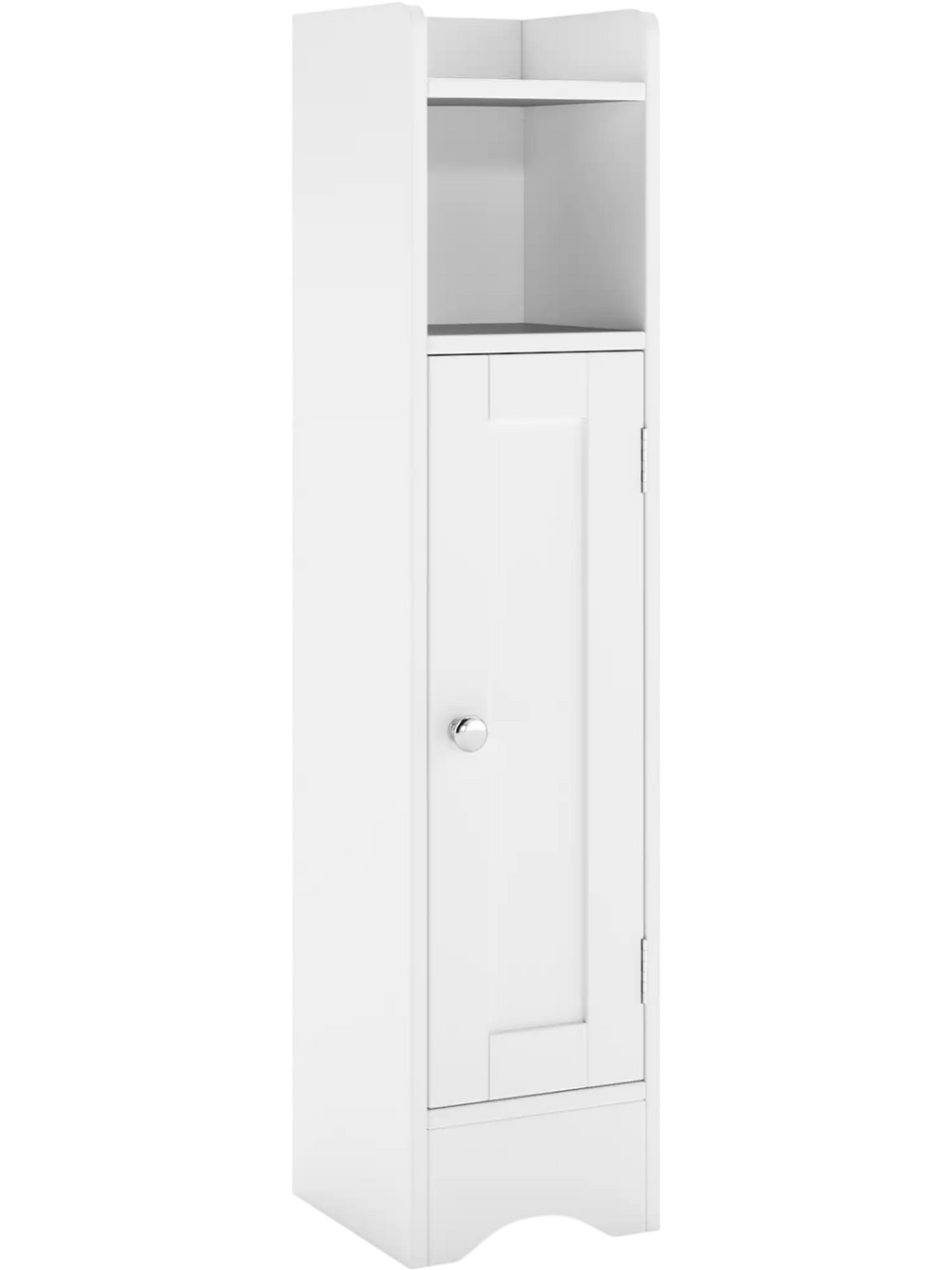 Slim white bathroom cabinet with one door, adjustable shelves, and modern design for versatile storage in any room.