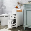Slim white bathroom cabinet with deep slide-out drawers, perfect for organizing toiletries and fitting in tight spaces.