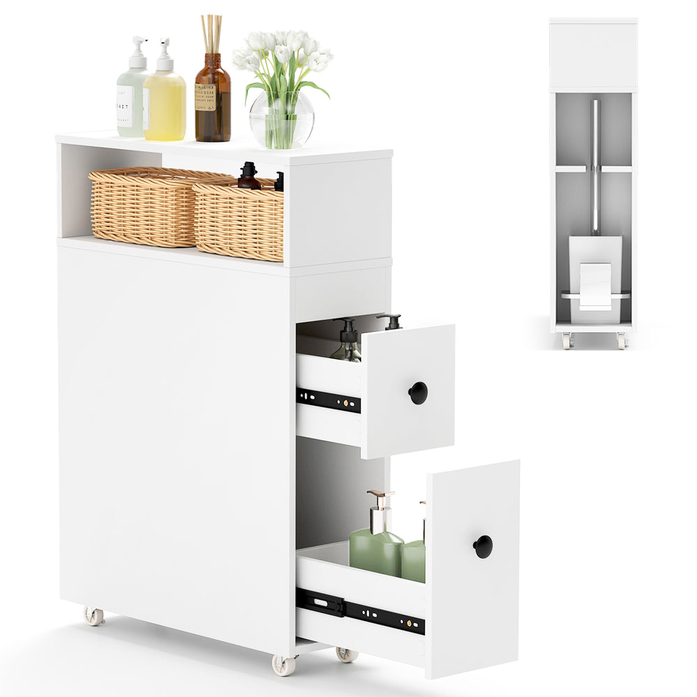 Slim bathroom cabinet with deep slide-out drawers, made of MDF, featuring a white finish and 360° rolling wheels for.