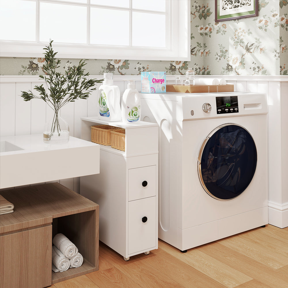 Slim bathroom cabinet with deep slide-out drawers, made of durable MDF, perfect for organizing toiletries and cleaners.