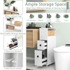 Slim white bathroom cabinet with deep slide-out drawers and removable storage baskets for organizing toiletries.