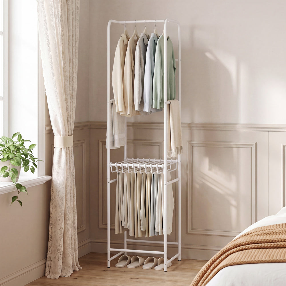 Freestanding slim coat rack showcasing 8 multi-level hanging rods and a modern design, perfect for stylish clothing.