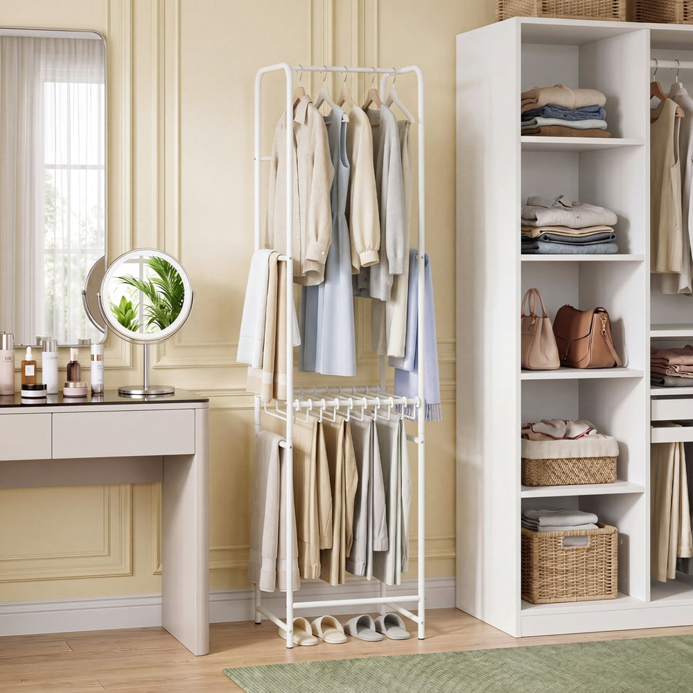 Freestanding slim coat rack with 8 hanging rods and detachable pants hangers, perfect for organizing clothing in small.
