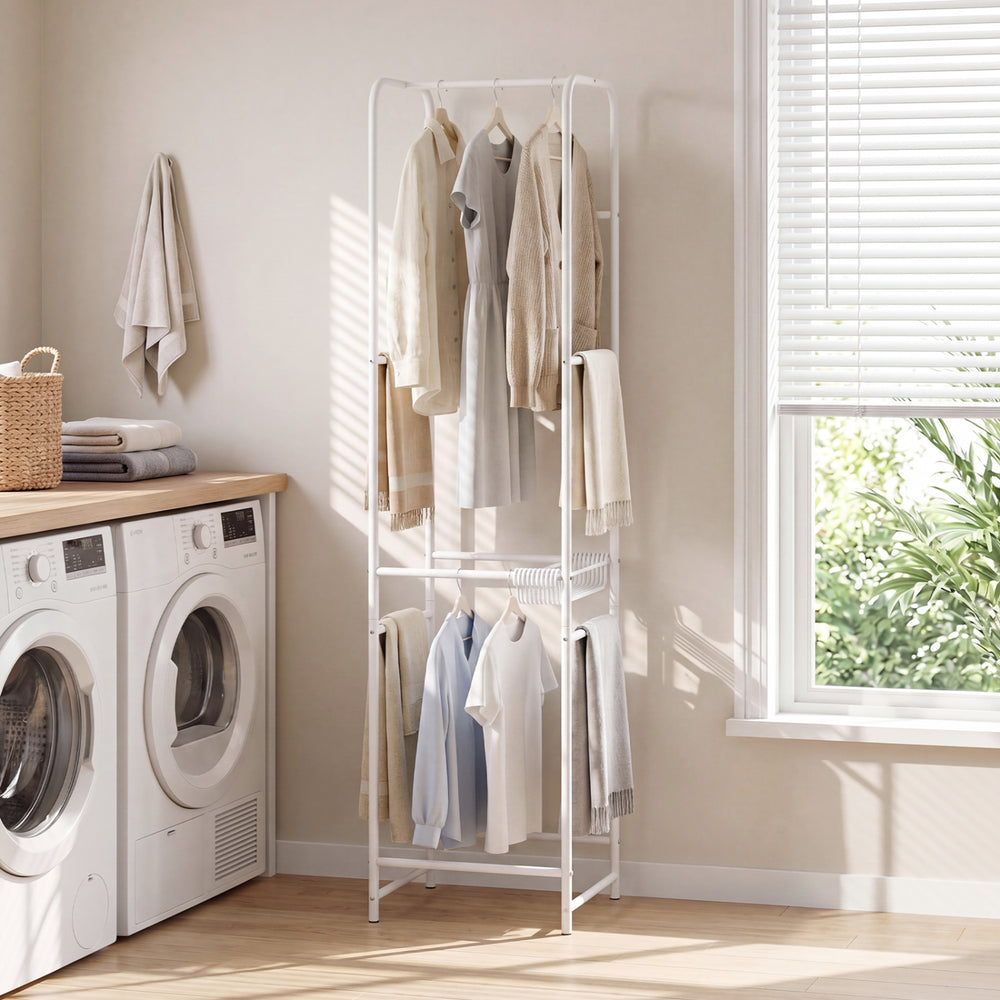 Freestanding slim coat rack with 8 hanging rods and detachable pants hangers, ideal for organizing clothing in small.