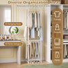 Freestanding garment organizer with 8 hanging rods and 10 detachable pants hangers for efficient clothing storage.