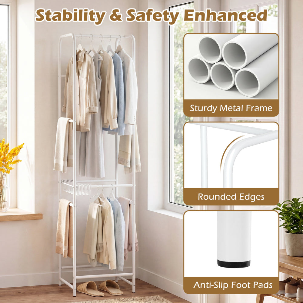 Slim coat rack with 8 hanging rods and detachable pants hangers, featuring a sturdy metal frame for space-saving.