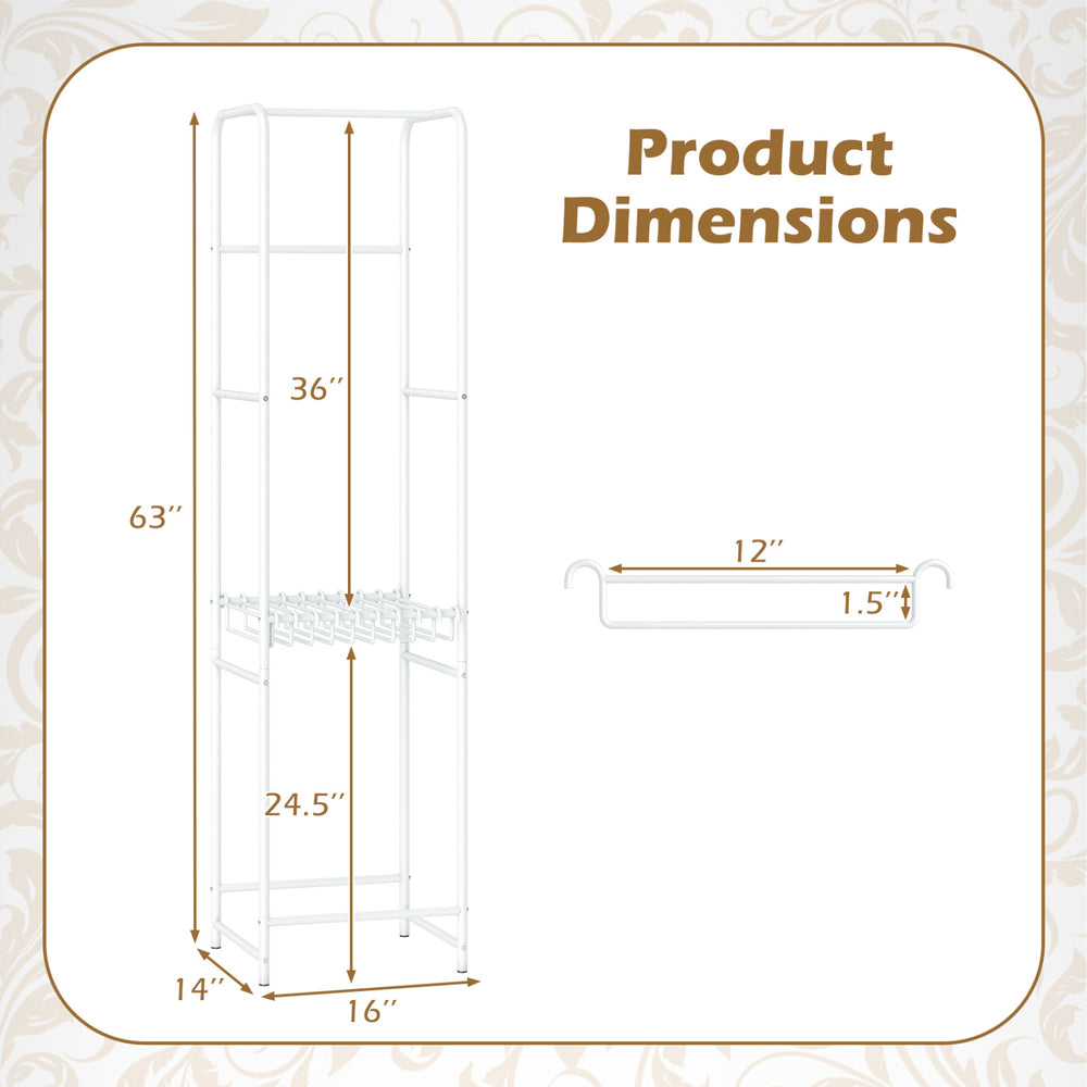 Slim coat rack dimensions with 8 hanging rods, designed for space-saving clothing organization in small rooms.